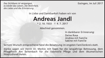 Traueranzeige von Andreas Jandl von Schwäbische Post