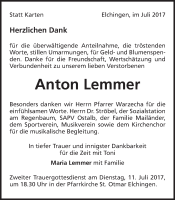 Traueranzeige von Anton Lemmer von Schwäbische Post