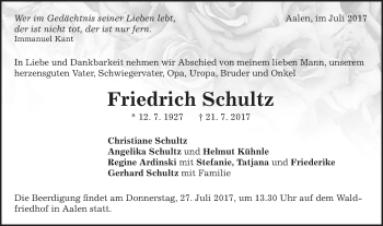 Traueranzeige von Friedrich Schultz von Schwäbische Post