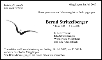 Traueranzeige von Bernd Stritzelberger von Gmünder Tagespost