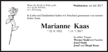 Traueranzeige von Marianne Kaas von Gmünder Tagespost