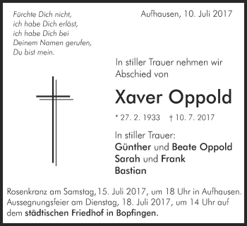 Traueranzeige von Xaver Oppold von Schwäbische Post