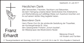 Traueranzeige von Franz Erhardt von Schwäbische Post