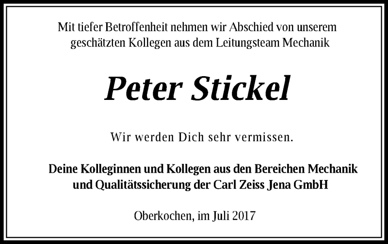  Traueranzeige für Peter Stickel vom 15.07.2017 aus Schwäbische Post