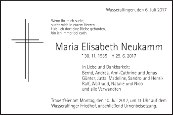 Traueranzeige von Maria Elisabeth Neukamm von Schwäbische Post