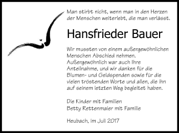 Traueranzeige von Hansfrieder Bauer von Gmünder Tagespost