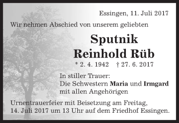 Traueranzeige von Reinhold Rüb von Schwäbische Post