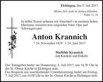Traueranzeige von Anton Krannich von Schwäbische Post