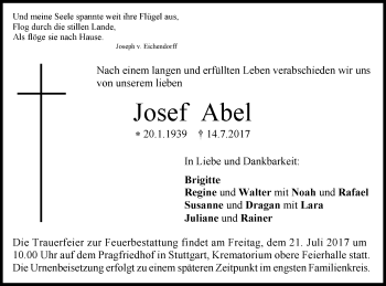 Traueranzeige von Josef Abel von Schwäbische Post