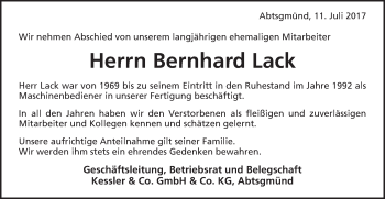 Traueranzeige von Bernhard Lack von Schwäbische Post