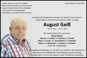 Traueranzeige von August Geiß von Schwäbische Post