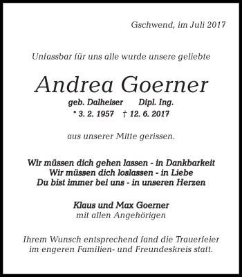 Traueranzeige von Andrea Goerner von Gmünder Tagespost