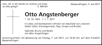 Traueranzeige von Otto Angstenberger von Schwäbische Post