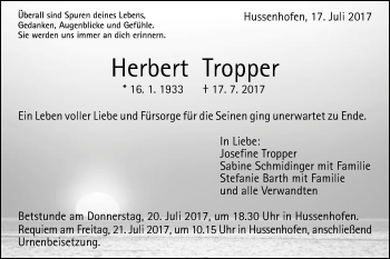 Traueranzeige von Herbert Tropper von Gmünder Tagespost