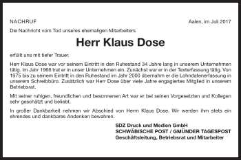 Traueranzeige von Klaus Dose von Schwäbische Post