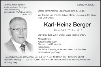 Traueranzeige von Karl-Heinz Berger von Schwäbische Post