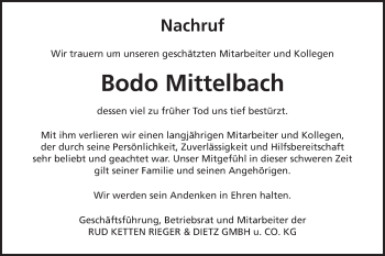 Traueranzeige von Bodo Mittelbach von Schwäbische Post