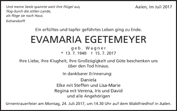 Traueranzeige von Evamaria Egetemeyer von Schwäbische Post