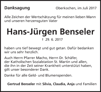Traueranzeige von Hans-Jürgen Benseler von Amtsblatt_Oko