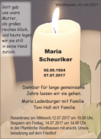 Traueranzeige von Maria Scheuriker von Schwäbische Post
