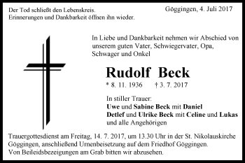 Traueranzeige von Rudolf Beck  von Gmünder Tagespost