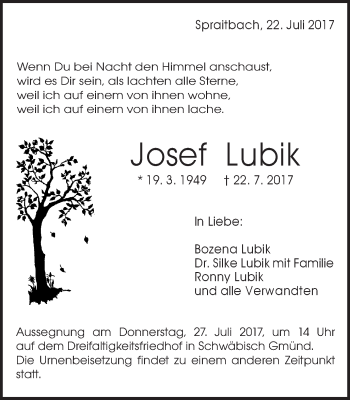 Traueranzeige von Josef Lubik von Gmünder Tagespost