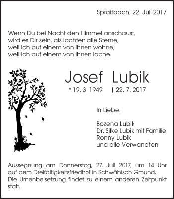 Traueranzeige von Josef Lubik