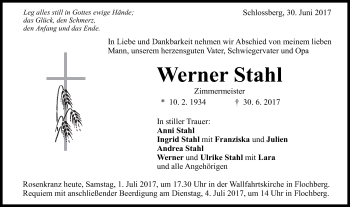 Traueranzeige von Werner Stahl von Schwäbische Post