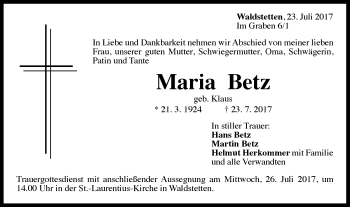 Traueranzeige von Maria Betz von Gmünder Tagespost
