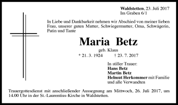 Traueranzeige von Maria Betz