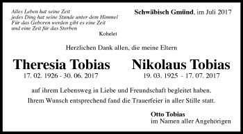 Traueranzeige von Theresia und Nikolaus Tobias von Gmünder Tagespost