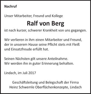 Traueranzeige von Ralf von Berg von Gmünder Tagespost