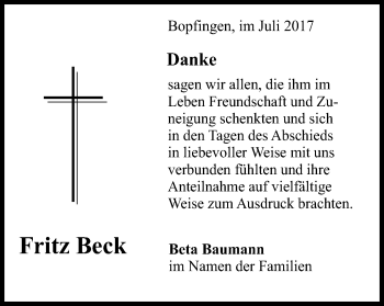 Traueranzeige von Fritz Beck von Schwäbische Post