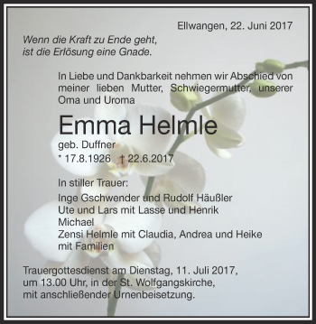 Traueranzeige von Emma Helmle von Schwäbische Post