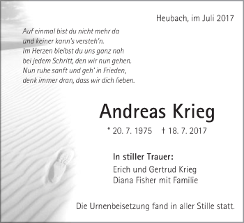 Traueranzeige von Andreas Krieg von Gmünder Tagespost