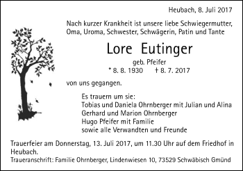Traueranzeige von Lore Eutinger von Gmünder Tagespost