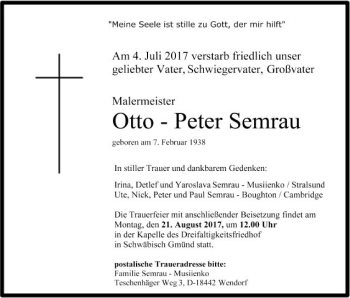 Traueranzeige von Otto-Peter Semrau