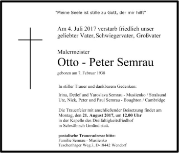 Traueranzeige von Otto-Peter Semrau von Gmünder Tagespost