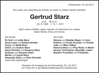 Traueranzeige von Gertrud Starz von Schwäbische Post