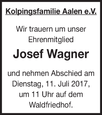 Traueranzeige von Josef Wagner von Schwäbische Post