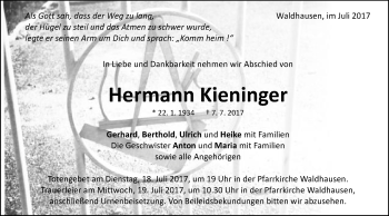 Traueranzeige von Hermann Kieninger von Schwäbische Post