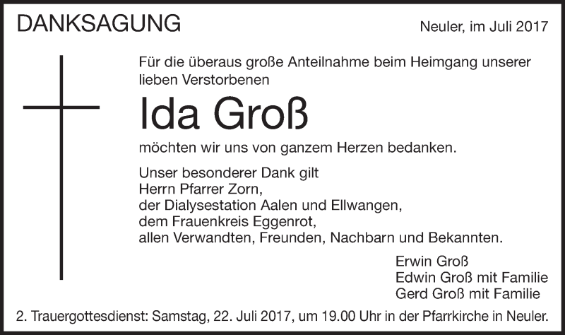  Traueranzeige für Ida Groß vom 20.07.2017 aus Schwäbische Post