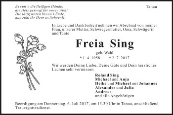 Traueranzeige von Freia Sing von Gmünder Tagespost