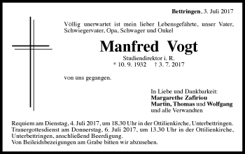 Traueranzeige von Manfred Vogt von Gmünder Tagespost