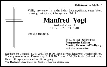 Traueranzeige von Manfred Vogt