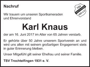 Traueranzeige von Karl Knaus von Schwäbische Post