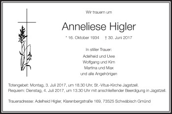 Traueranzeige von Anneliese Higler von Schwäbische Post
