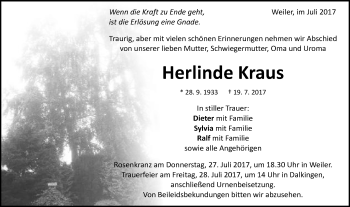 Traueranzeige von Herlinde Kraus von Schwäbische Post
