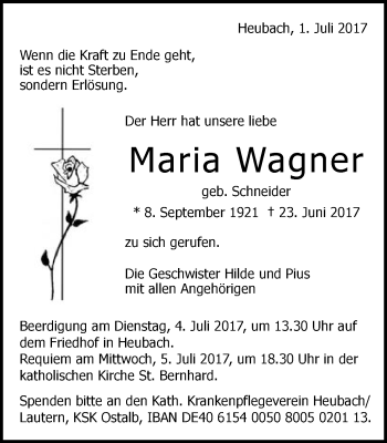 Traueranzeige von Maria Wagner von Gmünder Tagespost