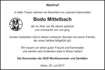 Traueranzeige von Bodo Mittelbach von Schwäbische Post